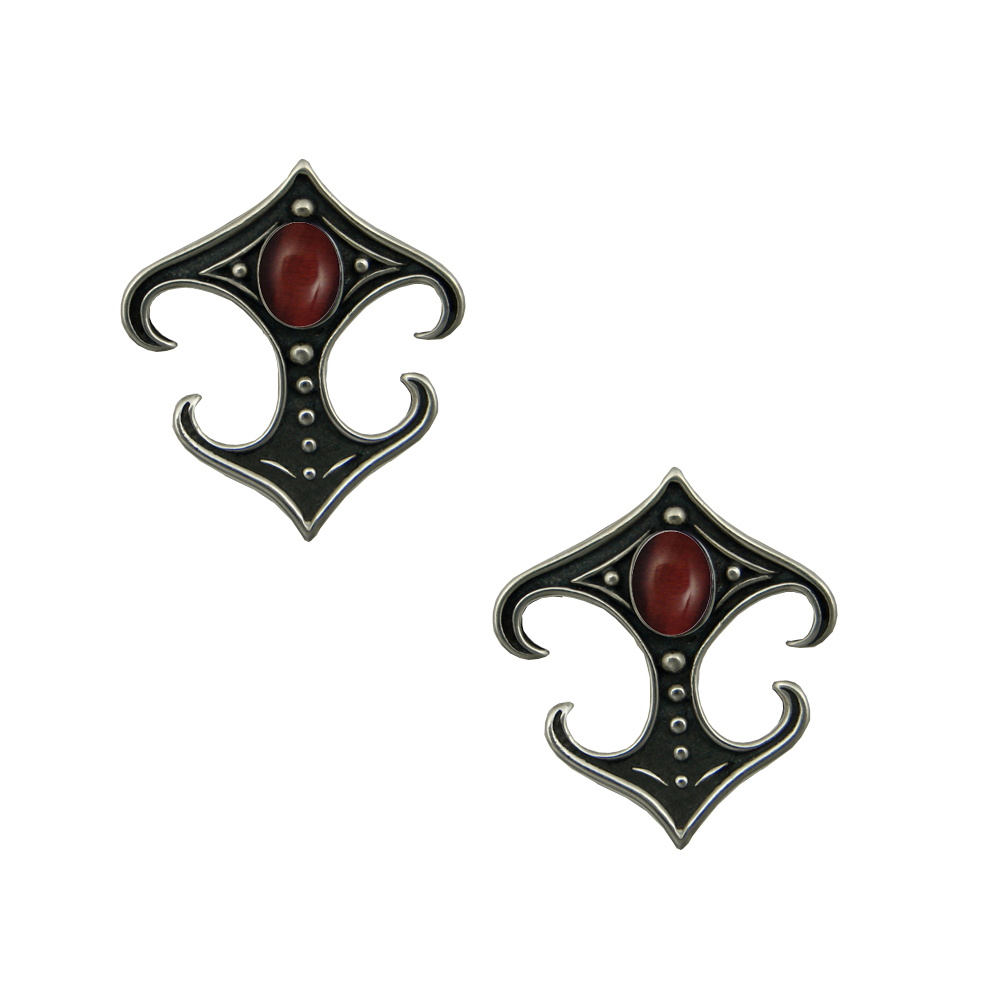 Sterling Silver Designer Post Stud Earrings With Red Tiger Eyein
